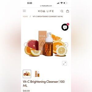 KOA Life Vit-C Cleanser Gentle Brightening Vegan Full Size 3.38 Oz 100 ml NWT
